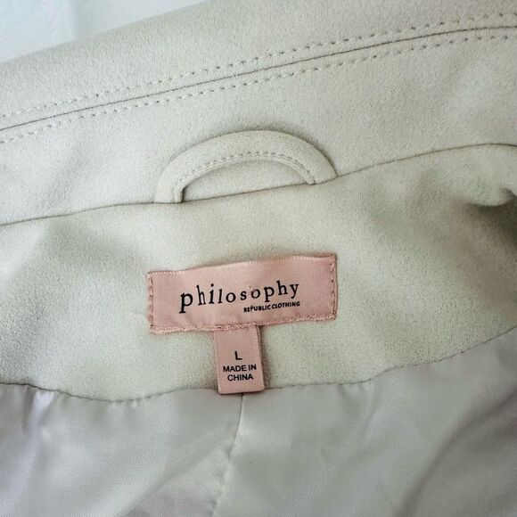 Philosophy Cream Faux Leather Suede Moto Jacket Asymmetrical Zipper Belt Size L - Picture 11 of 13
